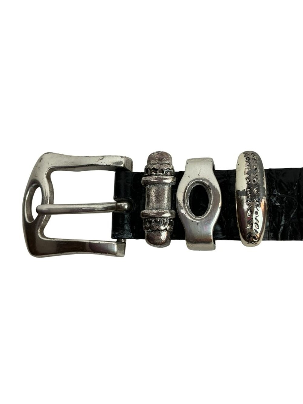 Streets Ahead Black Croc Embossed Leather Belt Ornate Silver-Tone Buckle & Accen